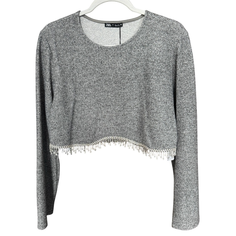 Zara Heather Gray Embellished Rhinestones Crop Plush Top Sz L New